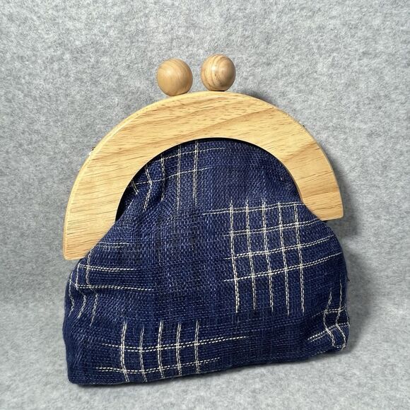 Pushi Blue Tweed Timber Handle Frame Clutch Detachable Strap Magnetic Closure - Picture 3 of 16